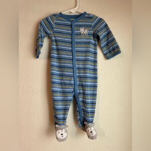 Carter's Blue and Green Striped Footie with Wolf Design size 6M